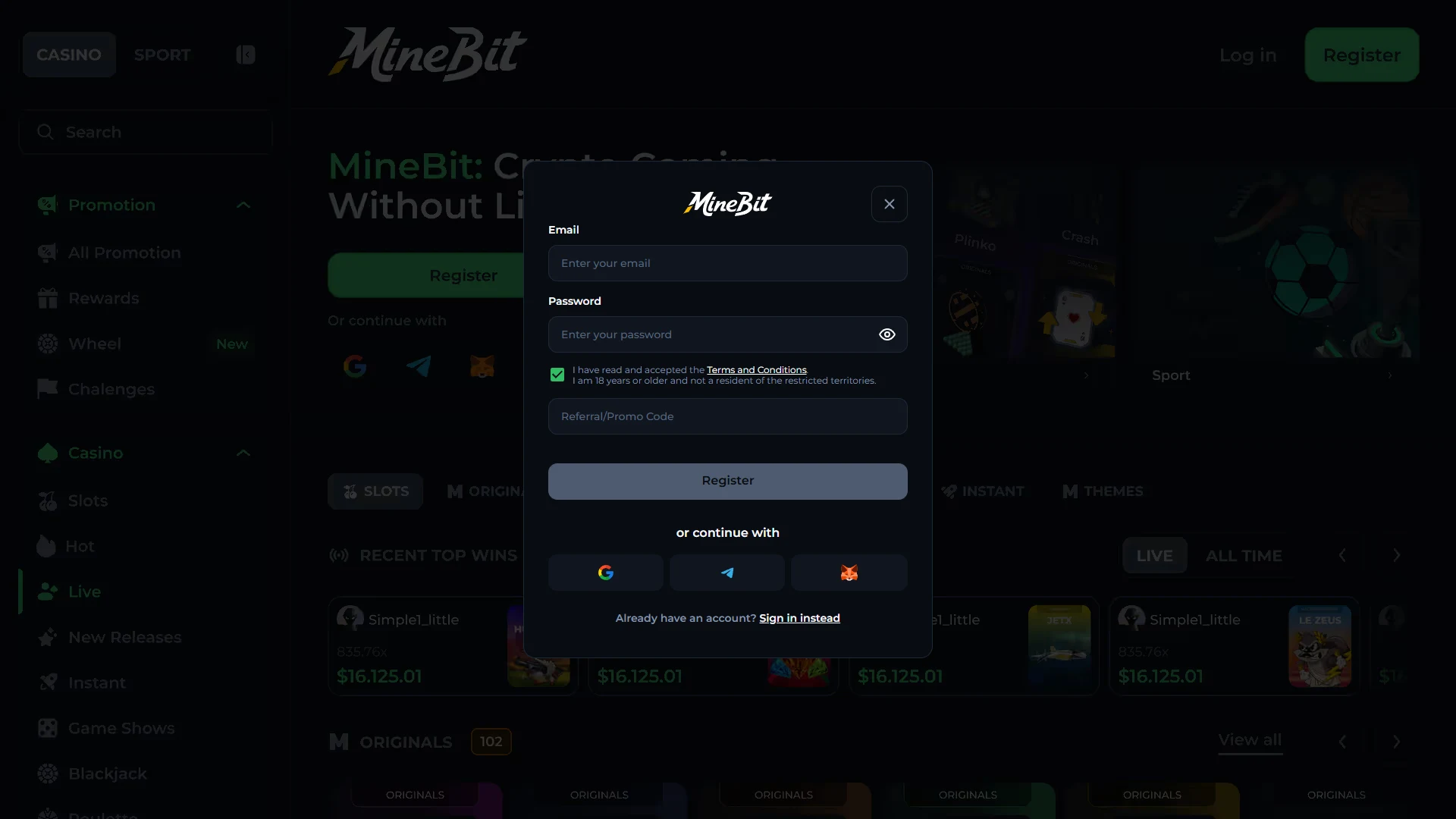 Minebit registration form
